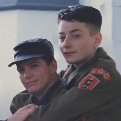 Jasper and Lisa in their G.O.D. jackets, Sydney, c.1990, unknown photographer, Records of Wicked Women, Australian Queer Archives.